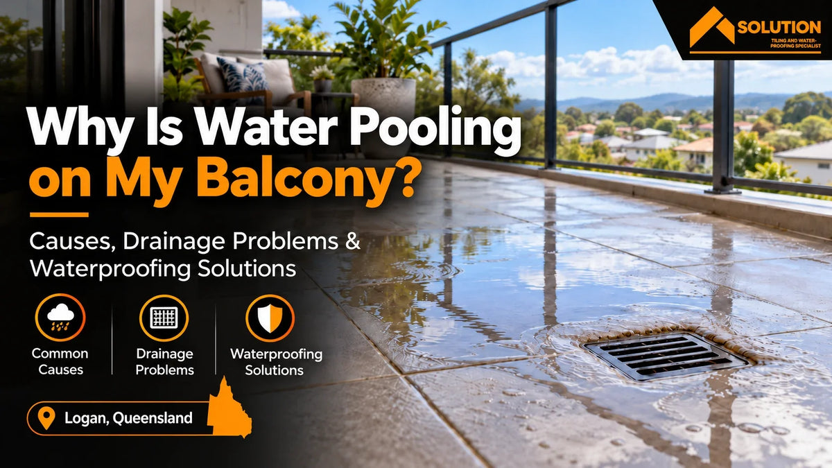 Water pooling around a balcony floor drain in Logan, Queensland, highlighting drainage problems and waterproofing repair solutions by Shower Solution Hub.