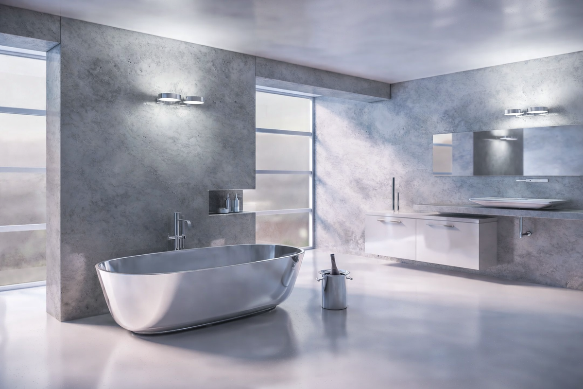 Modern bathroom with a freestanding bathtub in a gray-toned setting